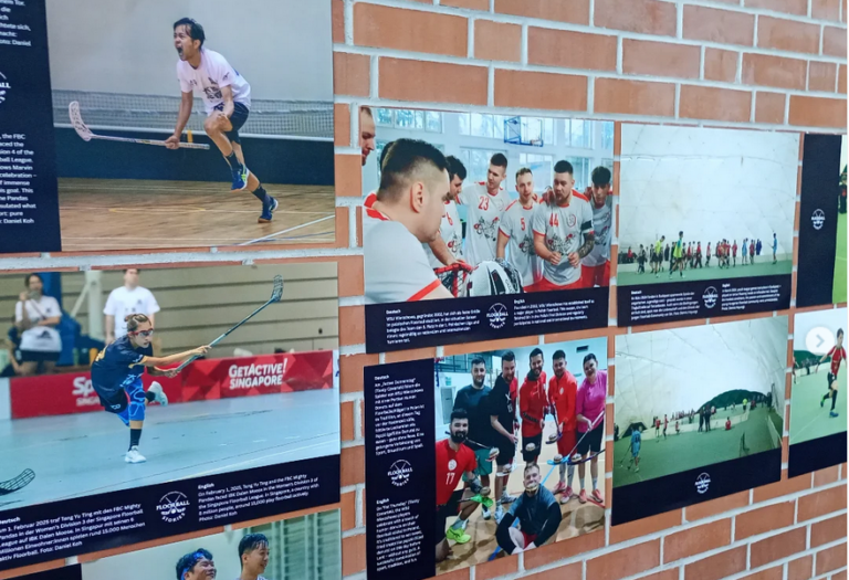 Das Bild zeigt mehrere Motive auf einer Wand während der Ausstellung "Floorball Stories"